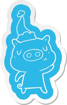 cartoon  sticker of a content pig wearing santa hat vector