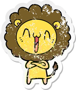 distressed sticker of a happy cartoon lion vector