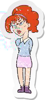 retro distressed sticker of a cartoon pretty girl tilting head vector