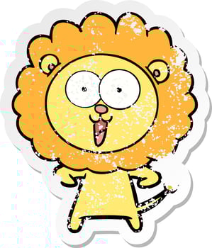 distressed sticker of a happy cartoon lion vector