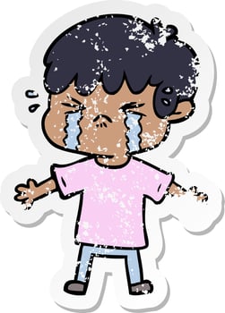 distressed sticker of a cartoon boy crying vector