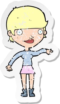 retro distressed sticker of a cartoon happy woman vector