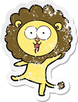 distressed sticker of a happy cartoon lion vector