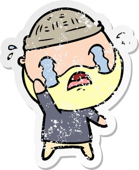 distressed sticker of a cartoon bearded man crying waving goodbye vector