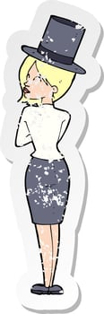 retro distressed sticker of a cartoon woman in top hat vector