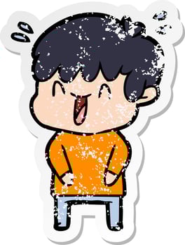 distressed sticker of a cartoon laughing boy vector