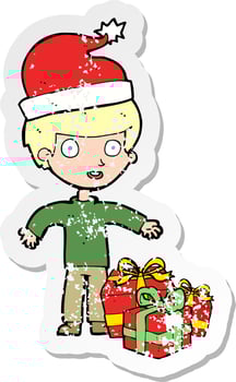 retro distressed sticker of a cartoon boy with present vector