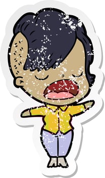 distressed sticker of a cartoon cool hipster girl talking vector