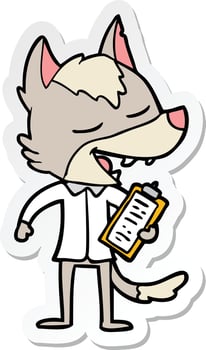 sticker of a cartoon saleman wolf laughing vector