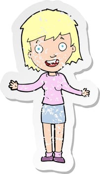 retro distressed sticker of a cartoon excited woman vector