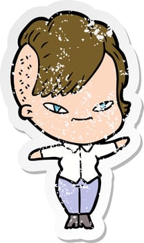 distressed sticker of a cute cartoon girl with hipster haircut vector