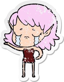 distressed sticker of a cartoon crying elf girl vector
