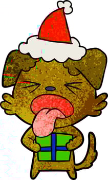 textured cartoon of a dog with christmas present wearing santa hat vector