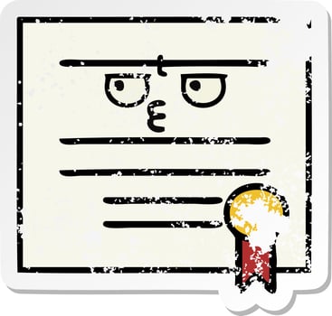 distressed sticker of a cute cartoon graduation diploma vector