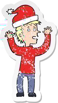 retro distressed sticker of a cartoon man ready for christmas vector