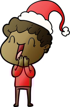 gradient cartoon of a happy man wearing santa hat vector