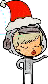 textured cartoon of a pretty astronaut girl wearing santa hat vector