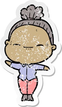 distressed sticker of a cartoon peaceful old woman vector