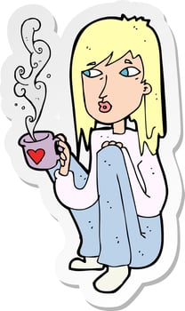sticker of a cartoon woman with cup of coffee vector