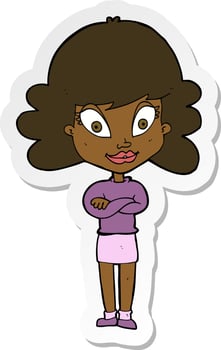sticker of a cartoon happy woman with folded arms vector