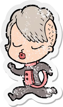 distressed sticker of a cartoon pretty hipster girl vector