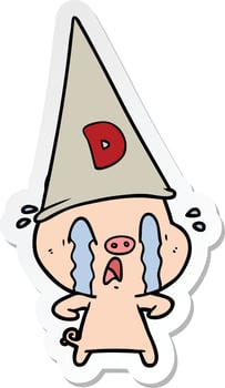 sticker of a crying pig wearing dunce hat vector
