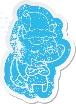 friendly cartoon distressed sticker of a fox wearing santa hat vector