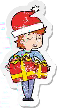 retro distressed sticker of a cartoon woman with gifts vector