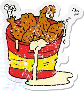 distressed sticker cartoon doodle bucket of fried chicken vector