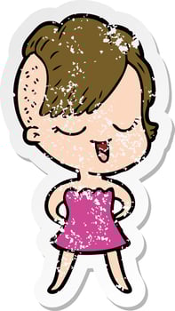 distressed sticker of a happy cartoon girl in cocktail dress vector