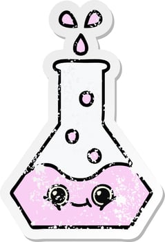 distressed sticker of a cute cartoon science beaker vector