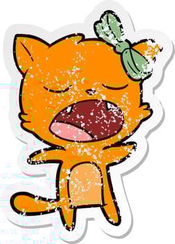 distressed sticker of a cartoon singing cat vector