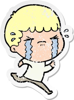 distressed sticker of a cartoon man crying vector