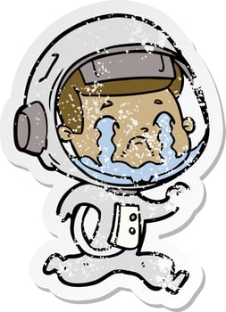 distressed sticker of a cartoon crying astronaut vector