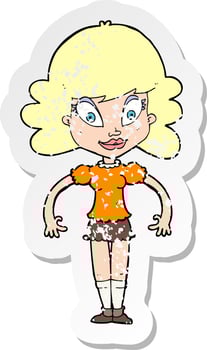 retro distressed sticker of a cartoon pretty woman vector