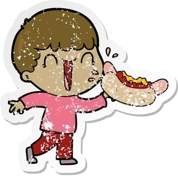 distressed sticker of a laughing cartoon man eating hot dog vector