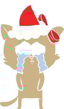 flat color illustration of a cat wearing santa hat vector