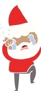 flat color illustration of a bearded man crying and stamping foot wearing santa hat vector