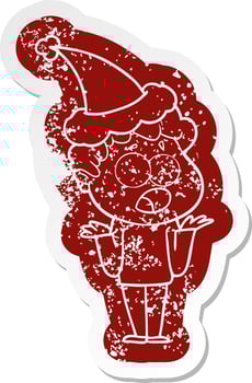 cartoon distressed sticker of a man gasping in surprise wearing santa hat vector
