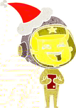 retro cartoon of a laughing astronaut wearing santa hat vector