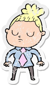 distressed sticker of a cartoon calm woman vector
