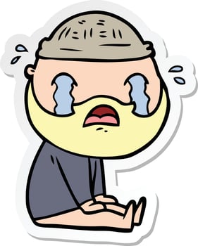 sticker of a cartoon bearded man crying vector