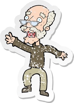 retro distressed sticker of a cartoon frightened old man vector