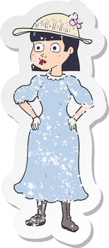 retro distressed sticker of a cartoon woman in sensible dress vector