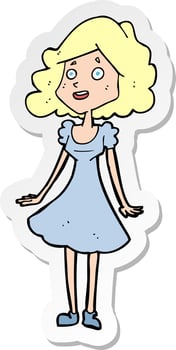 sticker of a cartoon happy woman in dress vector