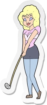 sticker of a cartoon woman playing golf vector