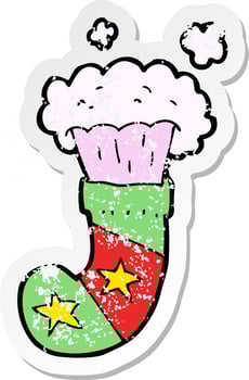 retro distressed sticker of a cartoon magic christmas stocking vector