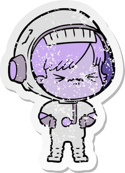 distressed sticker of a angry cartoon space girl vector