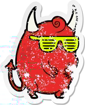 distressed sticker of a cartoon halloween disco devil vector