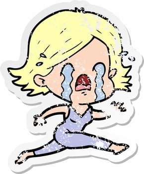 distressed sticker of a cartoon woman crying vector